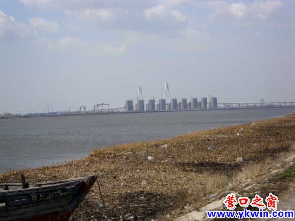 辽河北岸观营口 楼在霾中不清晰